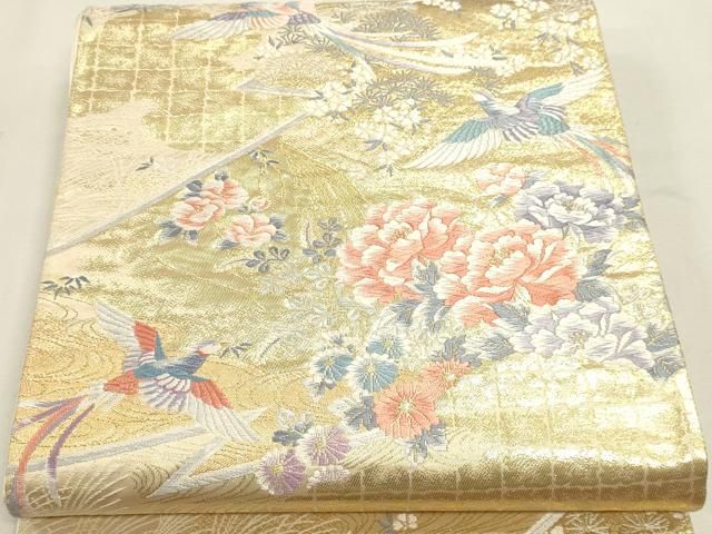 平和屋本店▼六通柄袋帯 唐織 尾長鳥花文 本金箔二重織 正絹 逸品 DABL7656sf