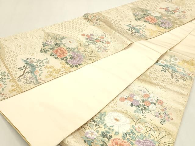 平和屋本店▼六通柄袋帯 琳派扇面草花 本金箔 正絹 逸品 DABL7655sf