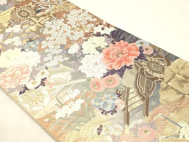 平和屋本店▼六通柄袋帯 唐織 九百錦 芳燿花車文 24K純金箔錦 正絹 逸品 DABL7678sf