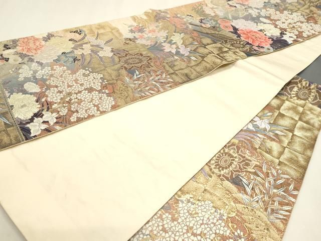 平和屋本店▼六通柄袋帯 唐織 九百錦 芳燿花車文 24K純金箔錦 正絹 逸品 DABL7678sf
