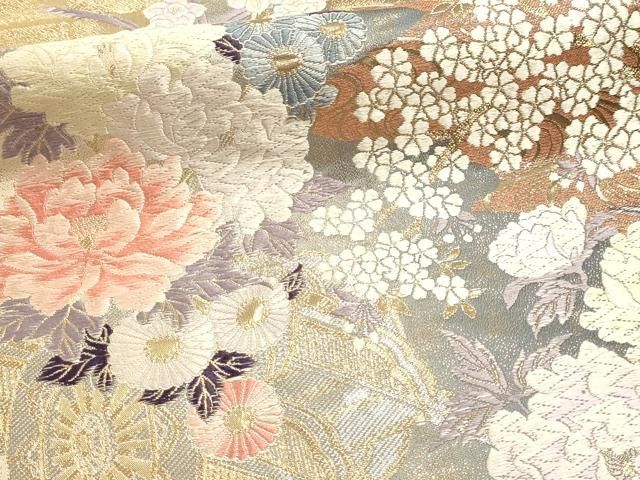 平和屋本店▼六通柄袋帯 唐織 九百錦 芳燿花車文 24K純金箔錦 正絹 逸品 DABL7678sf