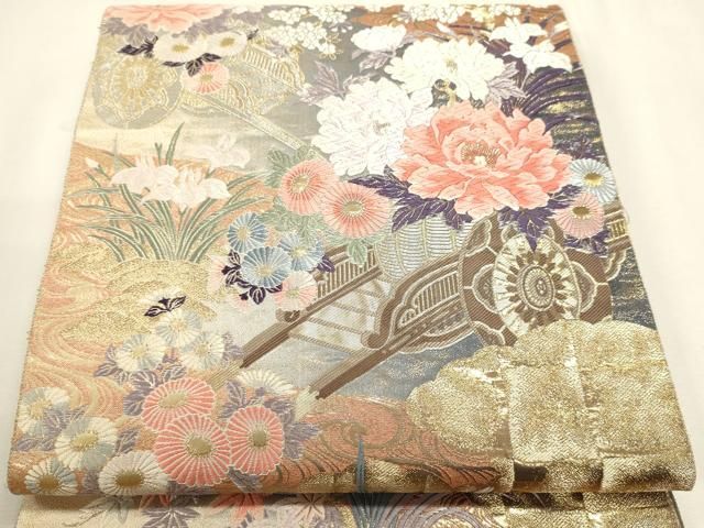 平和屋本店▼六通柄袋帯 唐織 九百錦 芳燿花車文 24K純金箔錦 正絹 逸品 DABL7678sf