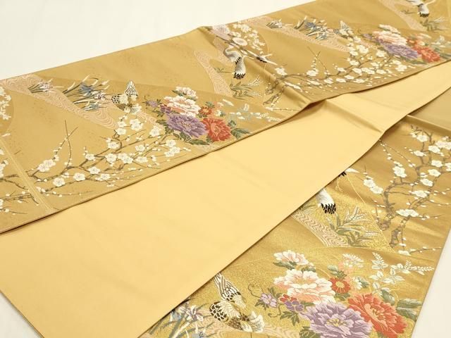 平和屋本店▼六通柄袋帯 唐織 群鶴花文 深金箔 弐拾四金二重箔 正絹 逸品 DABL7709sf