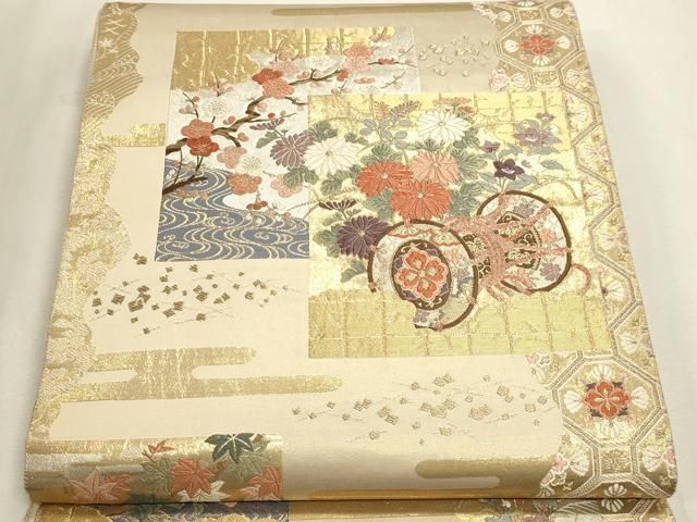 平和屋本店▼六通柄袋帯 唐織 九百錦 色紙花鼓文 本金箔 正絹 逸品 DABL7788sf