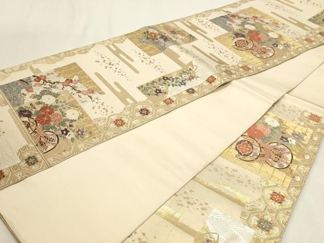 平和屋本店▼六通柄袋帯 唐織 九百錦 色紙花鼓文 本金箔 正絹 逸品 DABL7788sf
