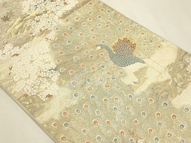 平和屋本店▼六通柄袋帯 屏風絵孔雀紋 純金箔 正絹 逸品 DABL7604sf