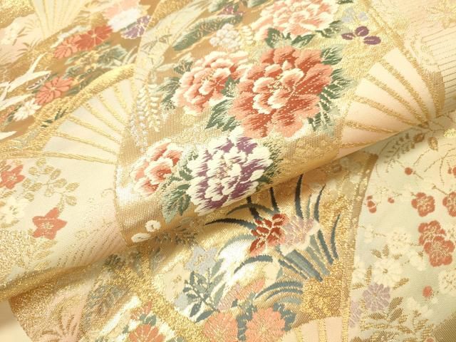 平和屋本店▼六通柄袋帯 唐織 扇面飛鶴花文 本金箔24K 正絹 逸品 DABL9258op