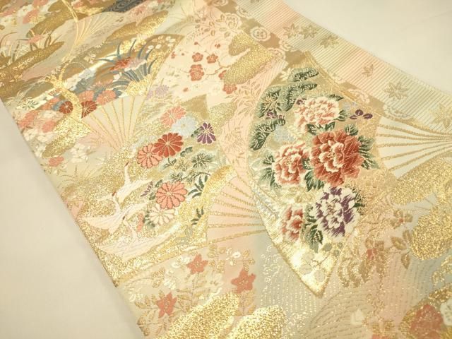 平和屋本店▼六通柄袋帯 唐織 扇面飛鶴花文 本金箔24K 正絹 逸品 DABL9258op