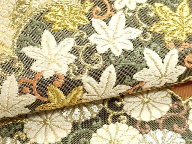 平和屋本店▼六通柄袋帯 緑茶染 松ふみ唐織 本金箔 正絹 逸品 DABL7806sf