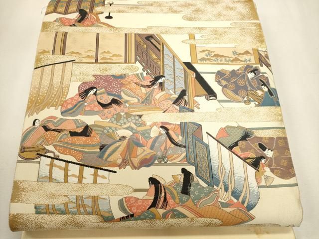平和屋本店▼本場筑前博多織 松居織物謹製 六通柄袋帯 源氏物語絵巻 本金箔 証紙付き 正絹 逸品 DABL7811sf