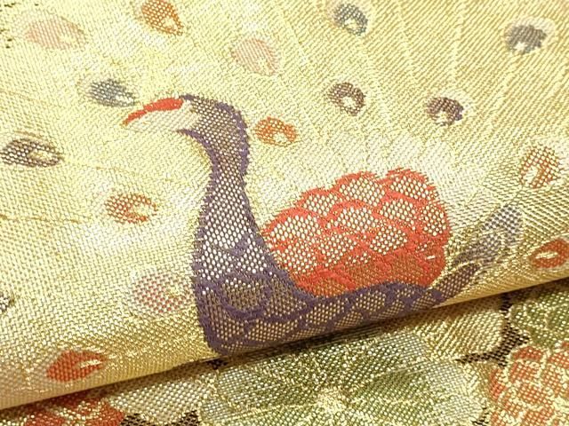 平和屋本店▼六通柄袋帯 花鳥佐賀錦 孔雀花文 24k二重箔 正絹 逸品 DABL7841sf