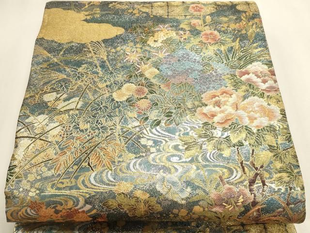 平和屋本店▼丸帯 光琳 抱一 花鳥画の四季 本金箔 短冊付き 正絹 逸品 DABL7892sf