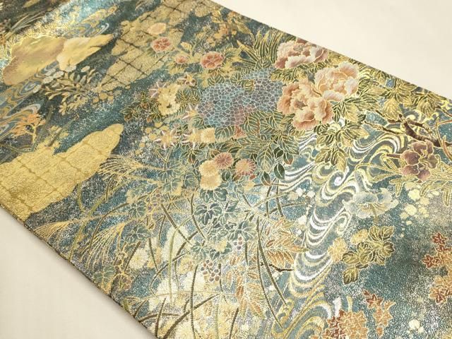 平和屋本店▼丸帯 光琳 抱一 花鳥画の四季 本金箔 短冊付き 正絹 逸品 DABL7892sf