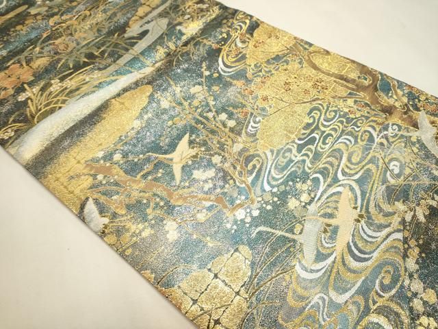 平和屋本店▼丸帯 光琳 抱一 花鳥画の四季 本金箔 短冊付き 正絹 逸品 DABL7892sf