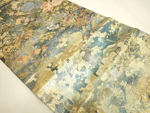 平和屋本店▼丸帯 光琳 抱一 花鳥画の四季 本金箔 短冊付き 正絹 逸品 DABL7892sf