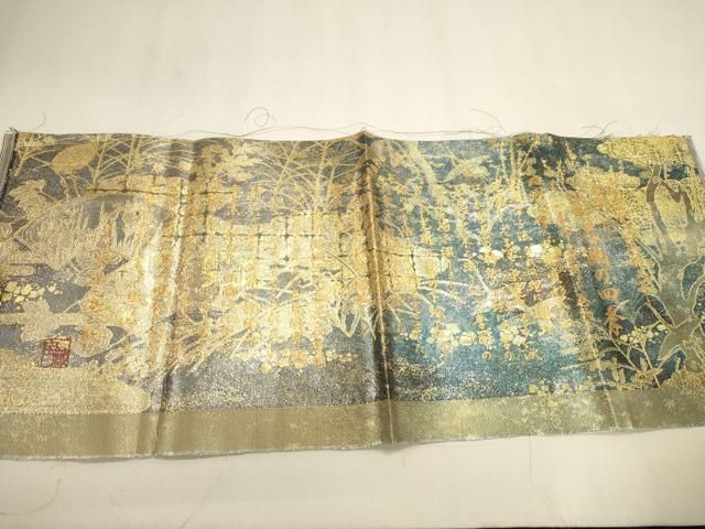 平和屋本店▼丸帯 光琳 抱一 花鳥画の四季 本金箔 短冊付き 正絹 逸品 DABL7892sf