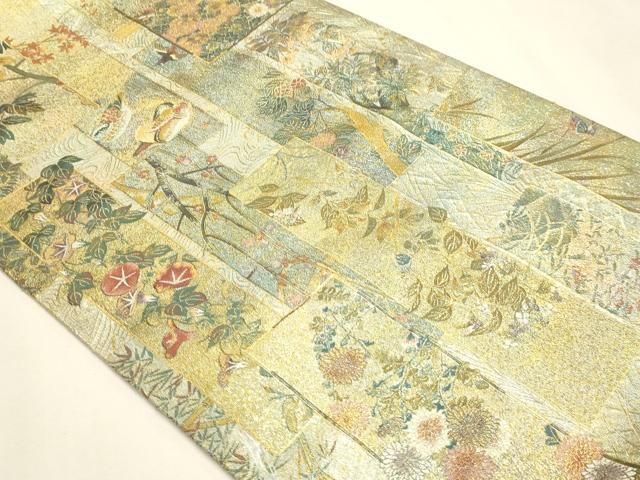 平和屋本店▼西陣あさぎ 両面 全通全景柄袋帯 近代花鳥画 日本美術名鑑 24金プラチナ二重箔 正絹 逸品 DABL7896sf