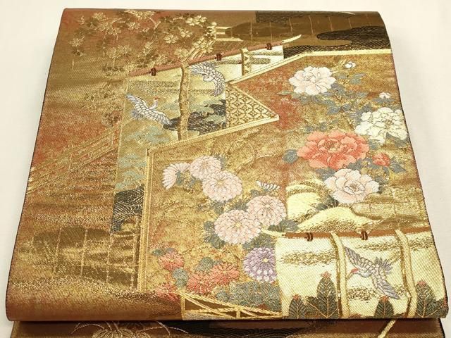 平和屋本店▼西陣 まいづる謹製 六通柄袋帯 浄瑠璃屏風絵巻 純金箔 正絹 逸品 DABL7909sf