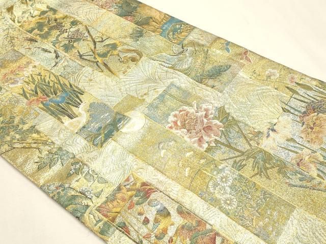 平和屋本店▼西陣あさぎ 両面 全通全景柄袋帯 近代花鳥画 日本美術名鑑 24金プラチナ二重箔 正絹 逸品 DABL7896sf