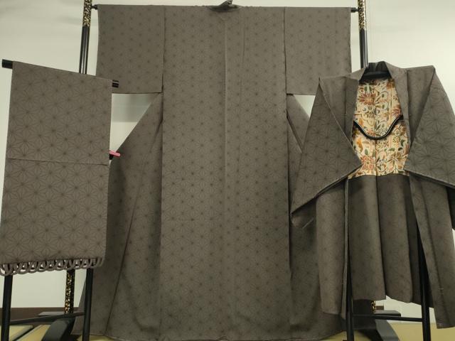 平和屋本店■極上 小紋・長羽織・ショール 3点セット 麻の葉文様 黒橡色地 反端付き 逸品 未使用 DZAA2533kh5 - 平和屋