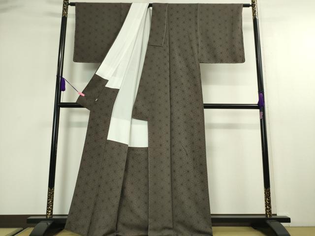 平和屋本店■極上 小紋・長羽織・ショール 3点セット 麻の葉文様 黒橡色地 反端付き 逸品 未使用 DZAA2533kh5 - 平和屋