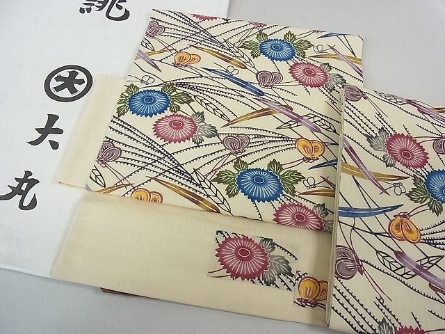 平和屋本店■最高級 夏物 城間栄順 本場琉球紅型 つけ帯 菊 芒 夏虫 麻 大丸扱い たとう紙付き 逸品 3kh1153 - 平和屋