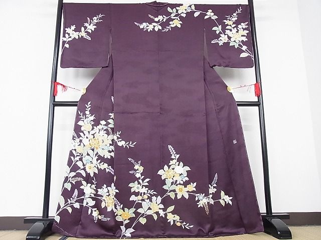 平和屋本店●極上 創業460年・千總 訪問着 枝花文 紫鳶色地 金彩 着丈168cm 裄丈69cm 正絹 逸品 未使用 3kk2785