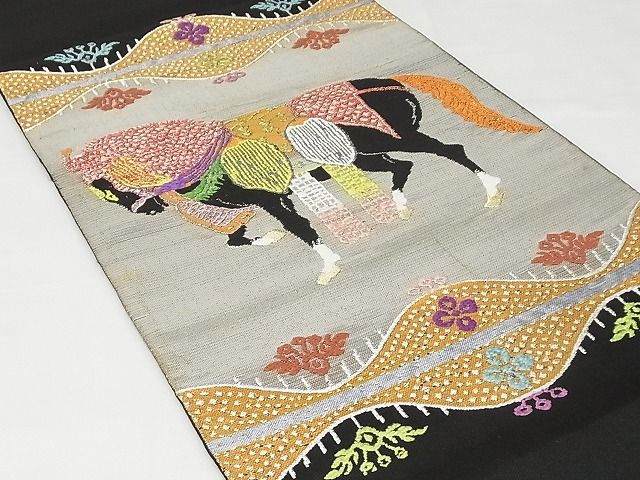 平和屋本店■最高級 龍村平蔵製 六通柄 本袋帯 天竺祭馬錦 黒地 金銀糸 正絹 逸品 3kk4652 - 平和屋