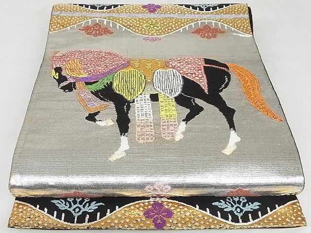 平和屋本店■最高級 龍村平蔵製 六通柄 本袋帯 天竺祭馬錦 黒地 金銀糸 正絹 逸品 3kk4652 - 平和屋