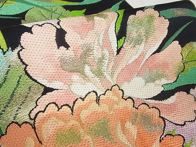 平和屋本店■極上 龍村美術織物 たつむら 六通柄 本袋帯 等伯秀花錦 黒地 金銀糸 正絹 逸品 3kk4703 - 平和屋