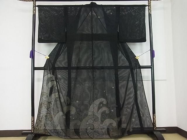 平和屋本店■極上 訪問着 無双 紗袷 紗×紗 秋草立波文 黒地 金彩 逸品3s20306