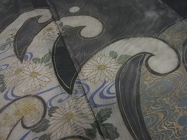 平和屋本店■極上 訪問着 無双 紗袷 紗×紗 秋草立波文 黒地 金彩 逸品3s20306