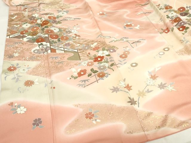 平和屋本店■極上 創業460年・千總 訪問着 駒刺繍 風景花文 暈し染め 金彩 纁色地 正絹 逸品 KAAA1755kk5 - 平和屋