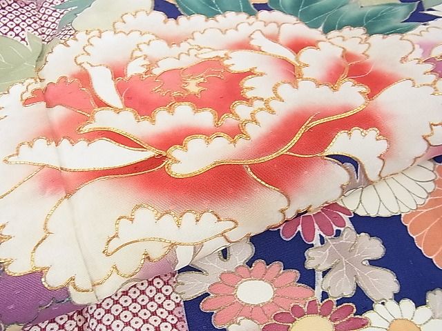 平和屋本店■極上 創業460年・千總 振袖 駒刺繍 筒花文 紺藍色地 金彩 逸品 DZAA1609kh5 - 平和屋