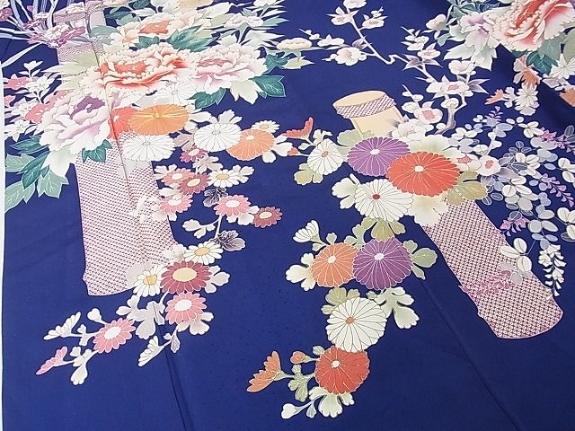 平和屋本店■極上 創業460年・千總 振袖 駒刺繍 筒花文 紺藍色地 金彩 逸品 DZAA1609kh5 - 平和屋