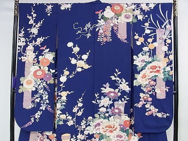 平和屋本店■極上 創業460年・千總 振袖 駒刺繍 筒花文 紺藍色地 金彩 逸品 DZAA1609kh5 - 平和屋