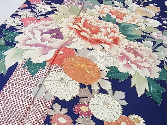 平和屋本店■極上 創業460年・千總 振袖 駒刺繍 筒花文 紺藍色地 金彩 逸品 DZAA1609kh5 - 平和屋
