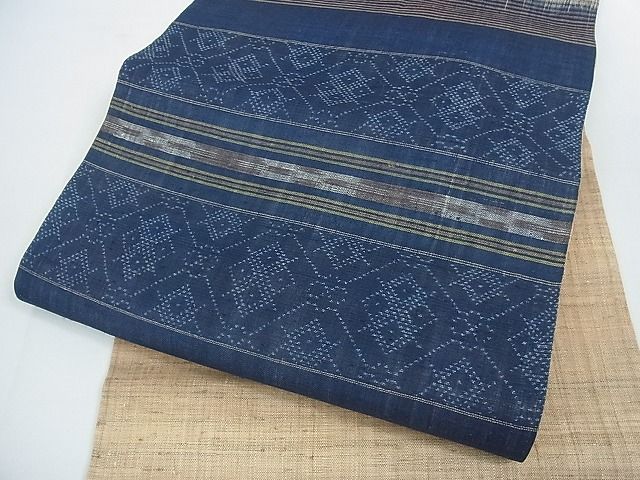 平和屋本店■希少 夏物 重要無形文化財 本場宮古上布 苧麻 九寸名古屋帯 藍 絣 吉祥文 逸品 4kh2050 - 平和屋