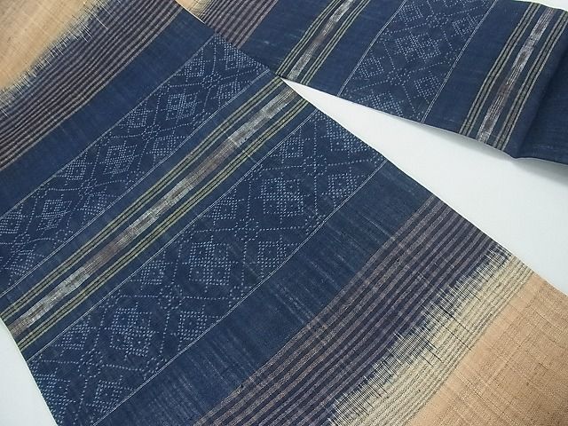 平和屋本店■希少 夏物 重要無形文化財 本場宮古上布 苧麻 九寸名古屋帯 藍 絣 吉祥文 逸品 4kh2050 - 平和屋
