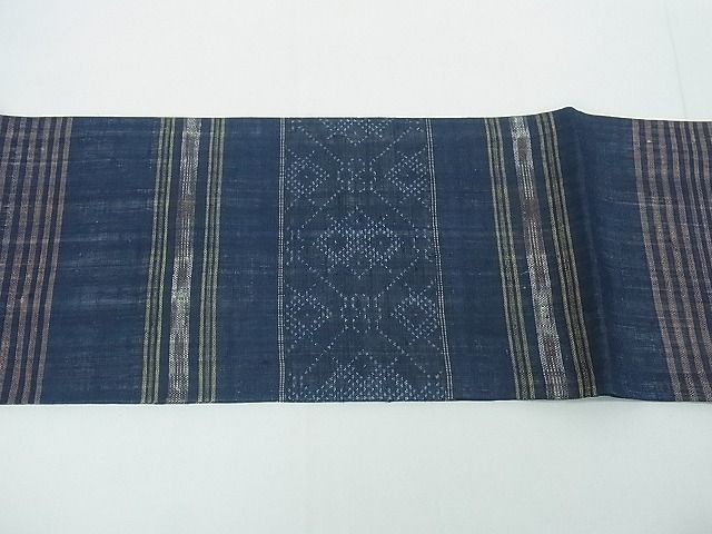 平和屋本店■希少 夏物 重要無形文化財 本場宮古上布 苧麻 九寸名古屋帯 藍 絣 吉祥文 逸品 4kh2050 - 平和屋