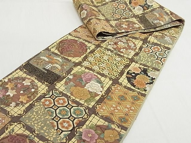 平和屋本店■極上 明綴れ 全通柄袋帯 草花天井文 金糸 正絹 逸品 4kk10056 - 平和屋