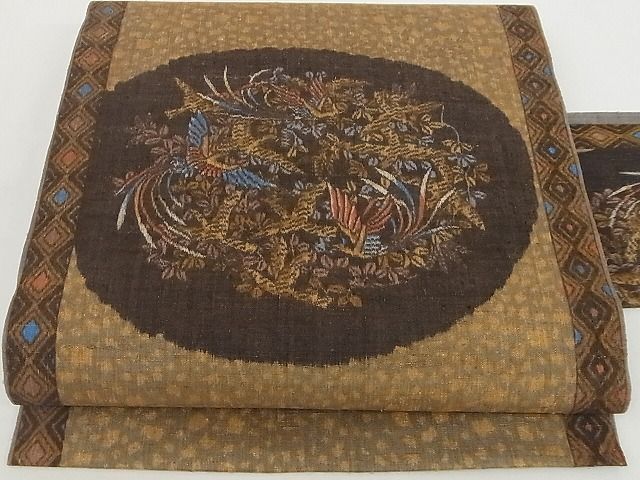 平和屋本店■極上 本場結城紬 重要無形文化財 九寸名古屋帯 花鳥文 小田急百貨店扱い たとう紙・証紙付き 正絹 逸品 4kk10145 - 平和屋