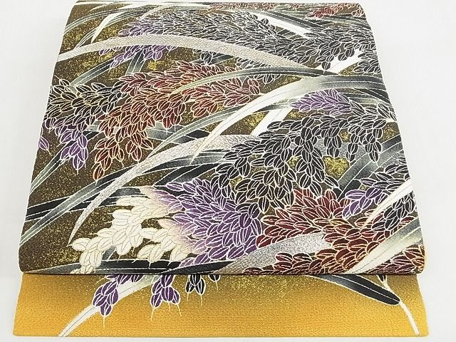 平和屋本店■希少 極上 浦野理一 息子 浦野範雄 九寸開き名古屋帯 金彩友禅 稲穂 暈し 金銀彩 鬼しぼ縮緬 正絹 逸品 4kk10185 - 平和屋
