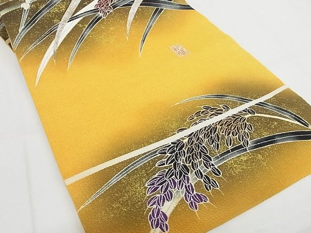 平和屋本店■希少 極上 浦野理一 息子 浦野範雄 九寸開き名古屋帯 金彩友禅 稲穂 暈し 金銀彩 鬼しぼ縮緬 正絹 逸品 4kk10185 - 平和屋