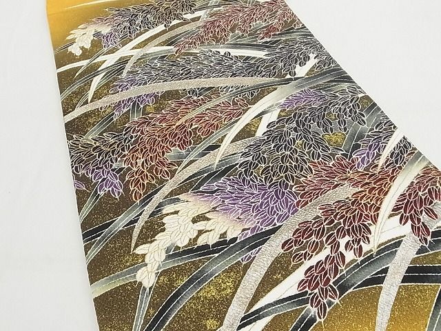 平和屋本店■希少 極上 浦野理一 息子 浦野範雄 九寸開き名古屋帯 金彩友禅 稲穂 暈し 金銀彩 鬼しぼ縮緬 正絹 逸品 4kk10185 - 平和屋
