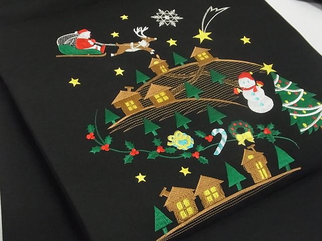 平和屋本店■極上 九寸名古屋帯 クリスマス トナカイ サンタクロース 雪だるま 黒地 金銀糸 正絹 逸品 未使用 4kk10249 - 平和屋