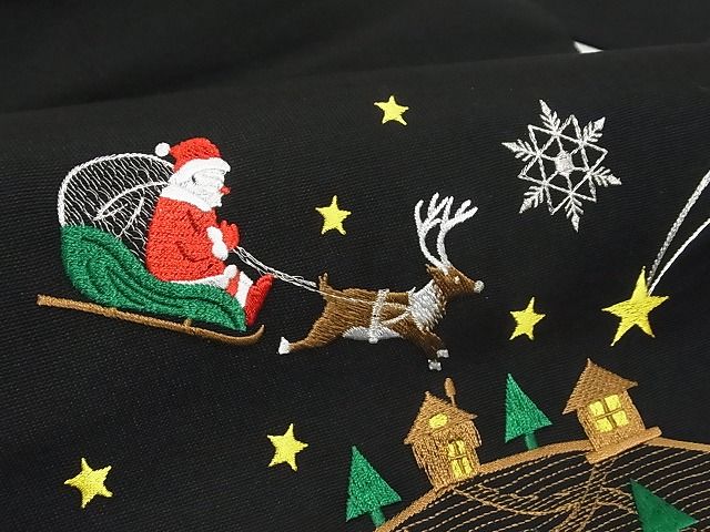 平和屋本店■極上 九寸名古屋帯 クリスマス トナカイ サンタクロース 雪だるま 黒地 金銀糸 正絹 逸品 未使用 4kk10249 - 平和屋
