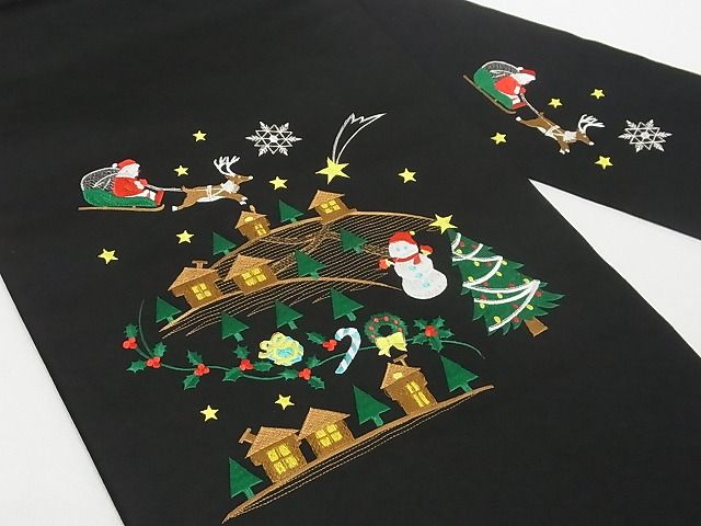 平和屋本店■極上 九寸名古屋帯 クリスマス トナカイ サンタクロース 雪だるま 黒地 金銀糸 正絹 逸品 未使用 4kk10249 - 平和屋