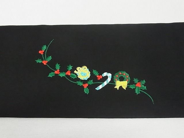 平和屋本店■極上 九寸名古屋帯 クリスマス トナカイ サンタクロース 雪だるま 黒地 金銀糸 正絹 逸品 未使用 4kk10249 - 平和屋