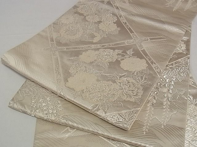 平和屋着物■六通柄袋帯 美保姿 流水花文 銀糸 正絹 逸品 A-pf4691